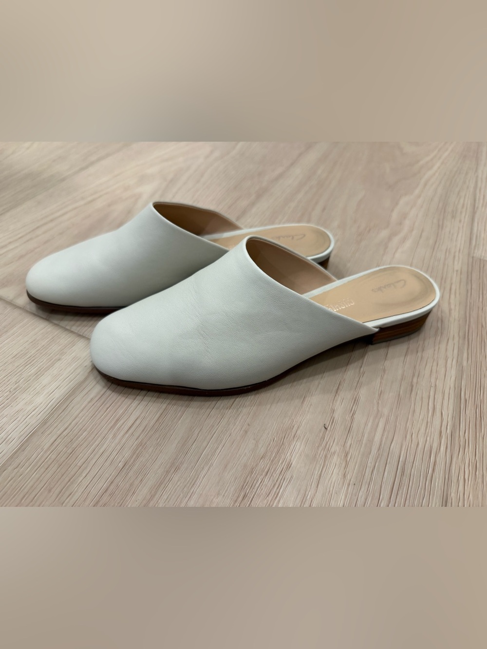 Clarks Minimal White Leather Slip-On Mules for Women